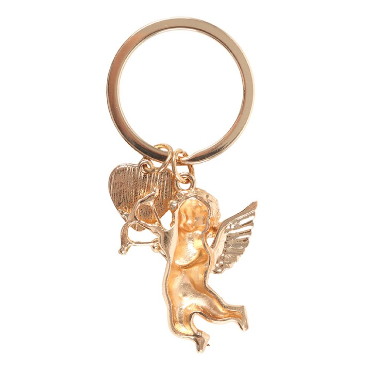 Gold keychain with angel and heart charm on a white background