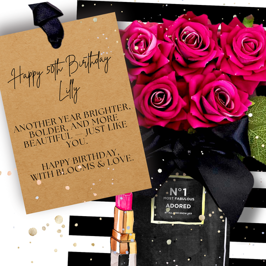 Luxury 50th Birthday card handmade with a Bouquet of hot pink everlasting roses that won't die with a personalized birthday wording and lip gloss and perfume on a black and white striped background print. Cards are scented with rose perfume for a rose card that doesn't fade
