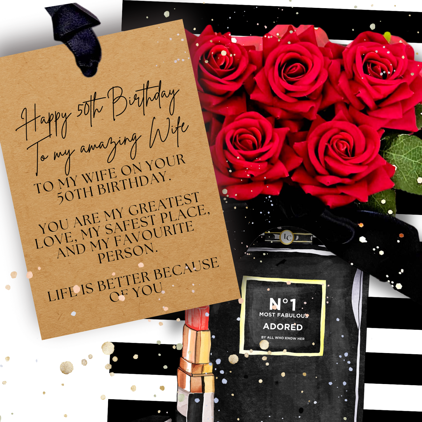 Luxury Bouquet of red roses, lipstick, and perfume bottle on a personalized 50th Birthday card design on a black and white Stripe background. Perfect for a special Wife. Handmade with 5 everlasting roses that smell and look just like a real rose.