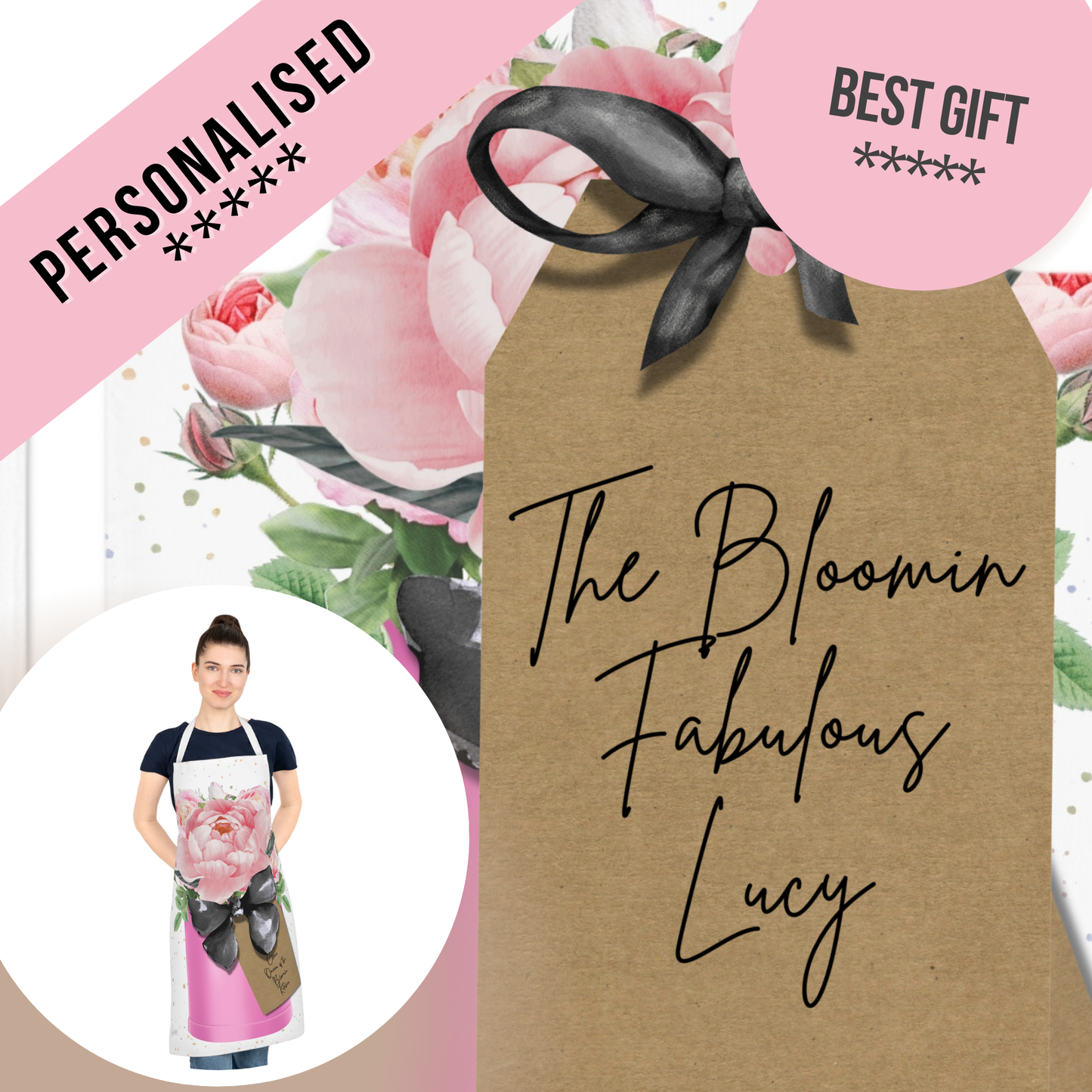 Personalised Pink Peony Floral Apron