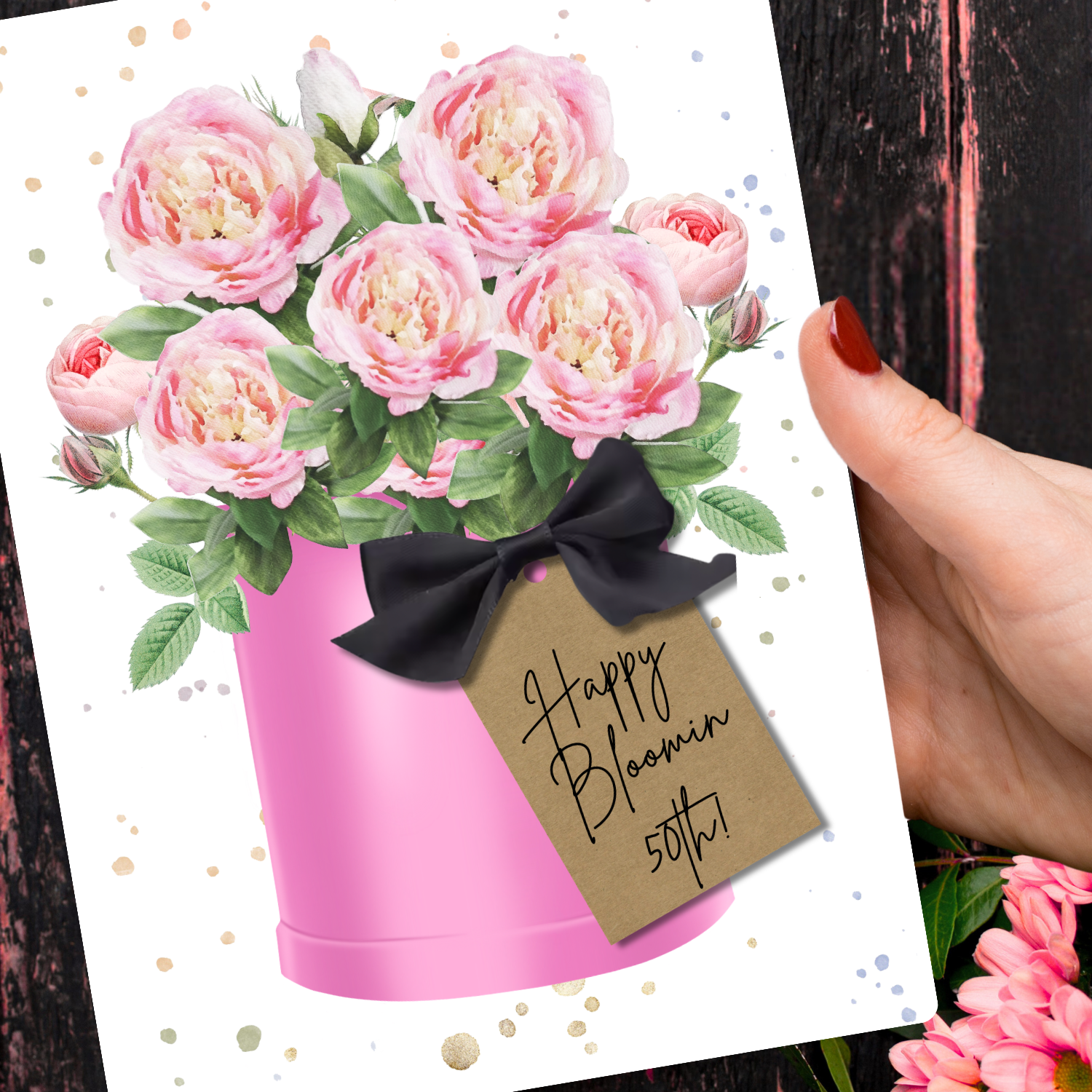 Peony 50th Scented A5 Birthday Card with envelope with wtercolor painted pink flowers in a pot and 'Happy Bloomin' 50th!' printed on the front
