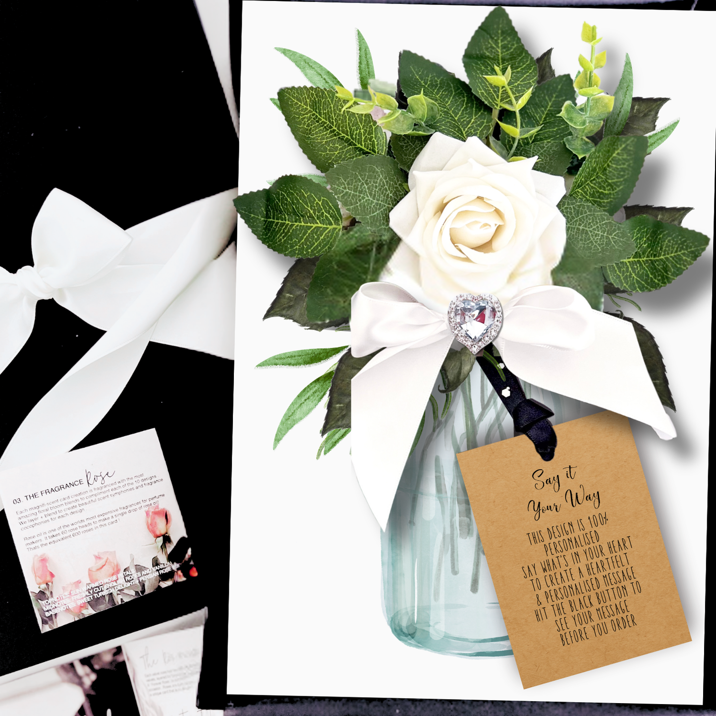 Luxury Personalised 60th Diamond Heart Anniversary Cards each Handmade with Everlasting Scented rose that lasts forever to symbolise enduring love. Green silk leaves, and a personalised wording for the ultimate luxury boxed Diamond wedding gift that celebrates 60 years of love and marriage. 