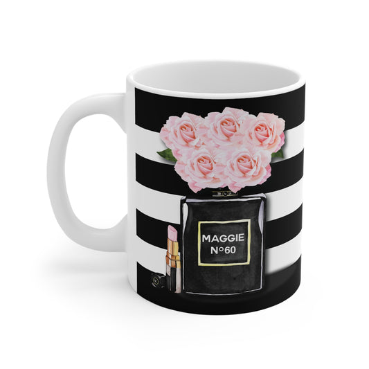 60th Birthday Mug with black and white striped design featuring pink roses and a handbag labeled 'Maggie No. 60'.