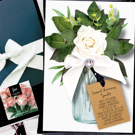 Luxury 60th Diamond Heart Anniversary Card Handmade with Everlasting Scented ivory rose, green silk leaves, and a personalised decorative tag for the perfect boxed Diamond wedding gift celebrating 60 years of marriage. Shown here for Grandma and Grandad.