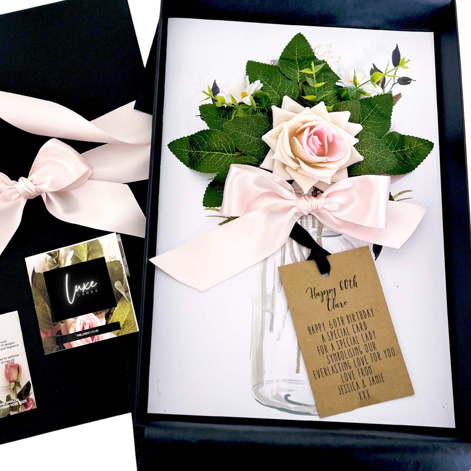 Luxury Bouquet of flowers 60th Birthday Card with a bow and a gift tag in a gift box, personalised for her. The perfect 60th birthday gift for her.