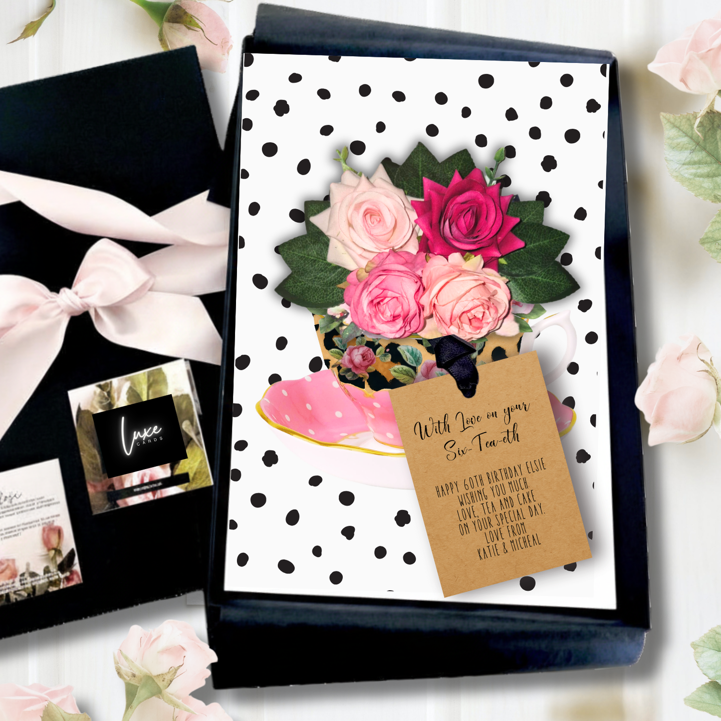 Handmade Luxury Personalised Beau-Tea-Ful 60th Birthday Card for Afternoon Tea Gifts to celebrate the 60th celebration in style