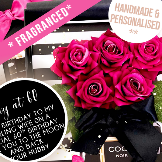 60th Birthday Bouquet of pink roses card with a black bow, surrounded by text and branding elements.