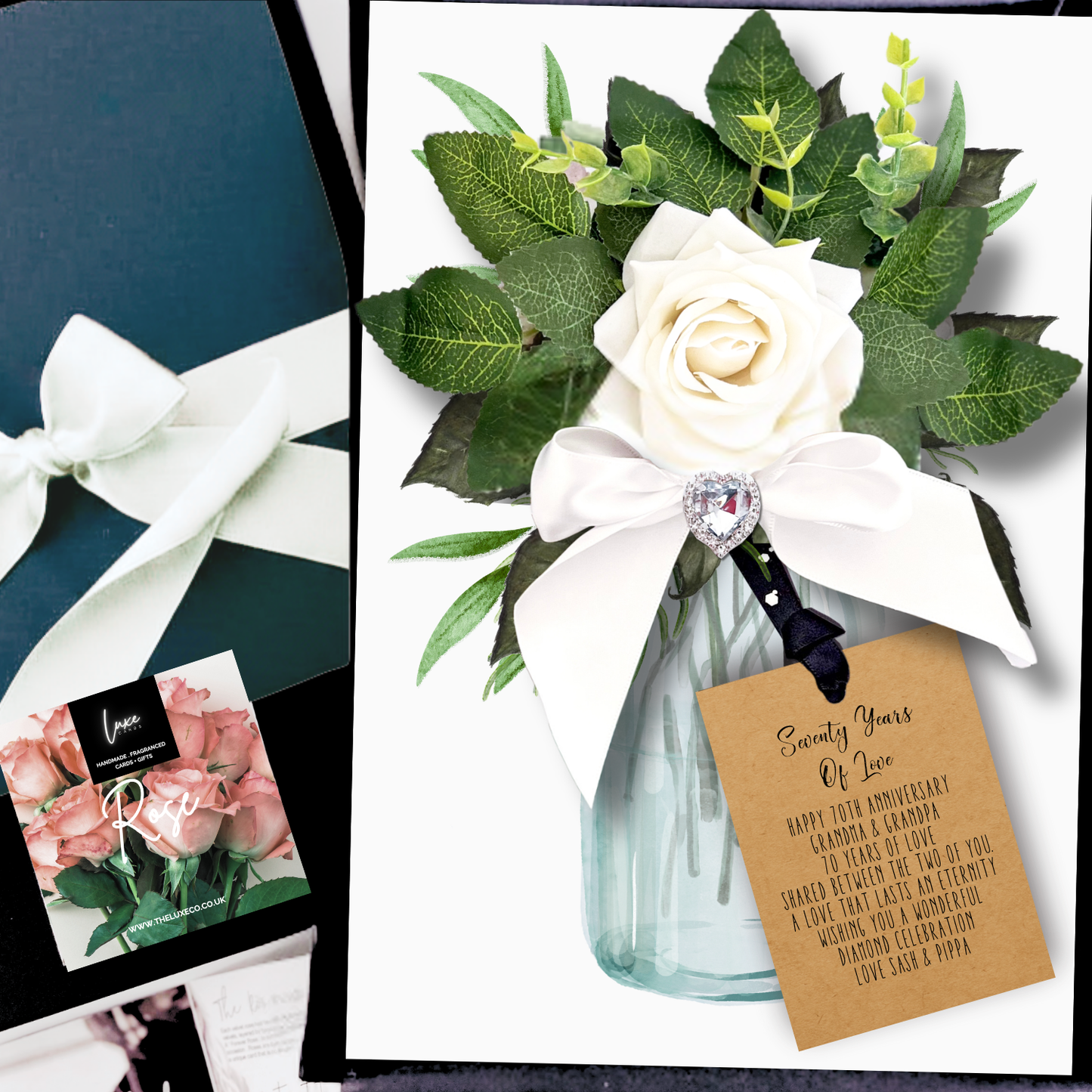 Luxury 70th Diamond Heart Anniversary Card Handmade with Everlasting Scented Rose