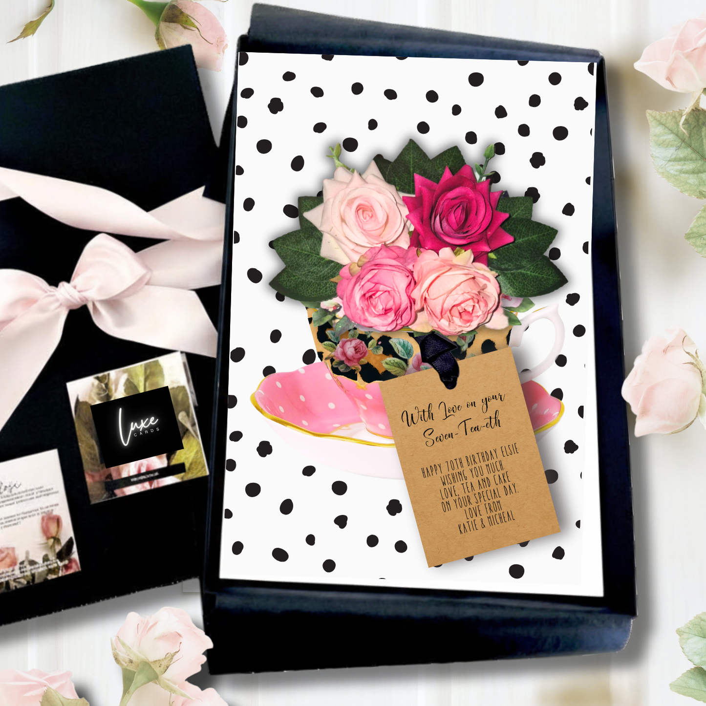 Beau-Tea-Ful 70th Birthday Card for Afternoon Tea Gifts with pop up everlasting pink roses, tea cup print polka dots design that smells like roses to celebrate the 70th in style