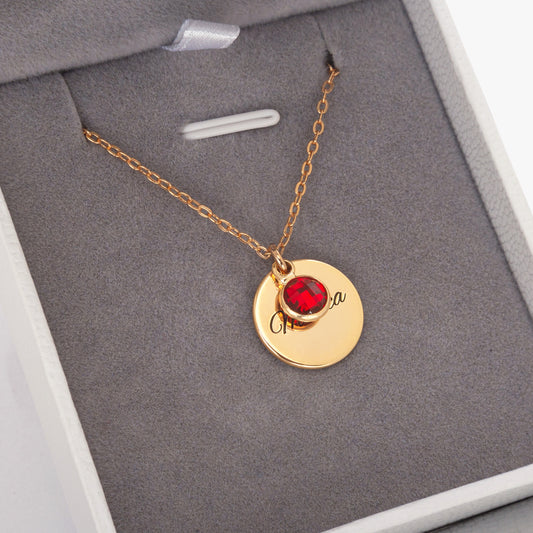 Gold Personalised Circle Birthstone Necklace with ruby birthstone (925 Sterling Silver)