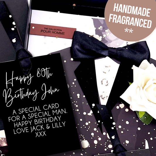 Personalized 80th birthday card for a special man with a black bow tie and white rose, labeled 'Handmade Fragranced'.