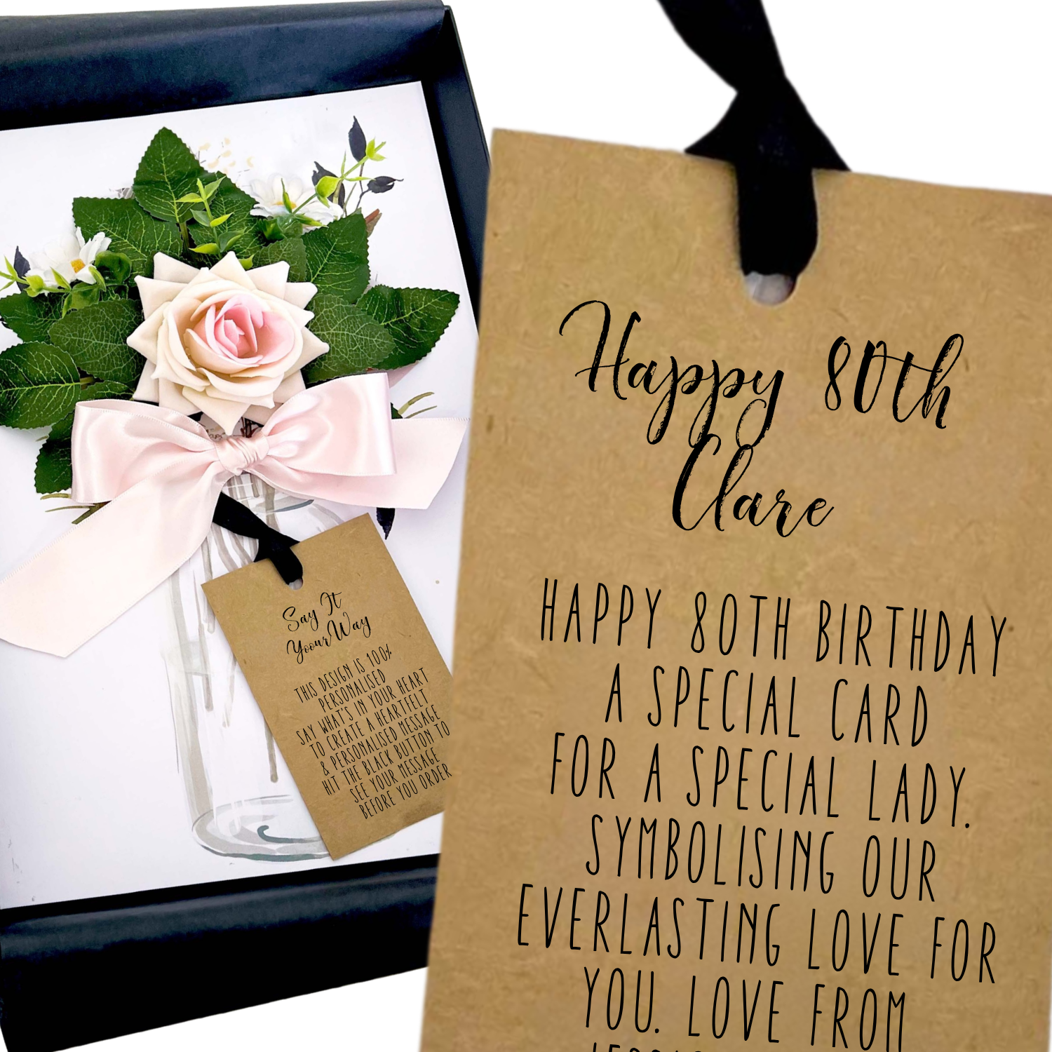 Personalised Blush Rose flowers 80th Birthday Card with a bow and a gift tag in a gift box, personalised for her.