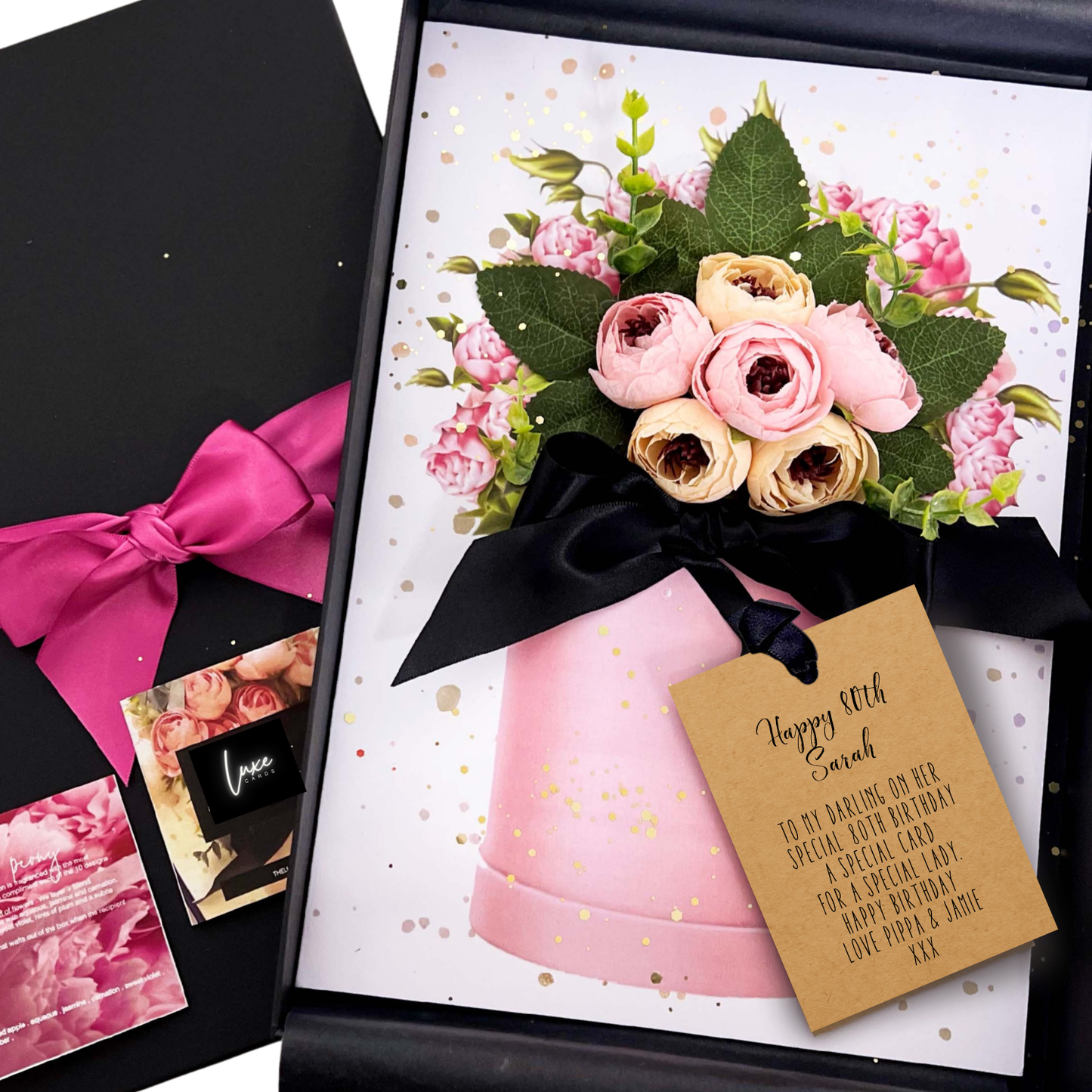 Personalised 80th Handmade Birthday Card Scented with Spring Peony's for wife Birthday