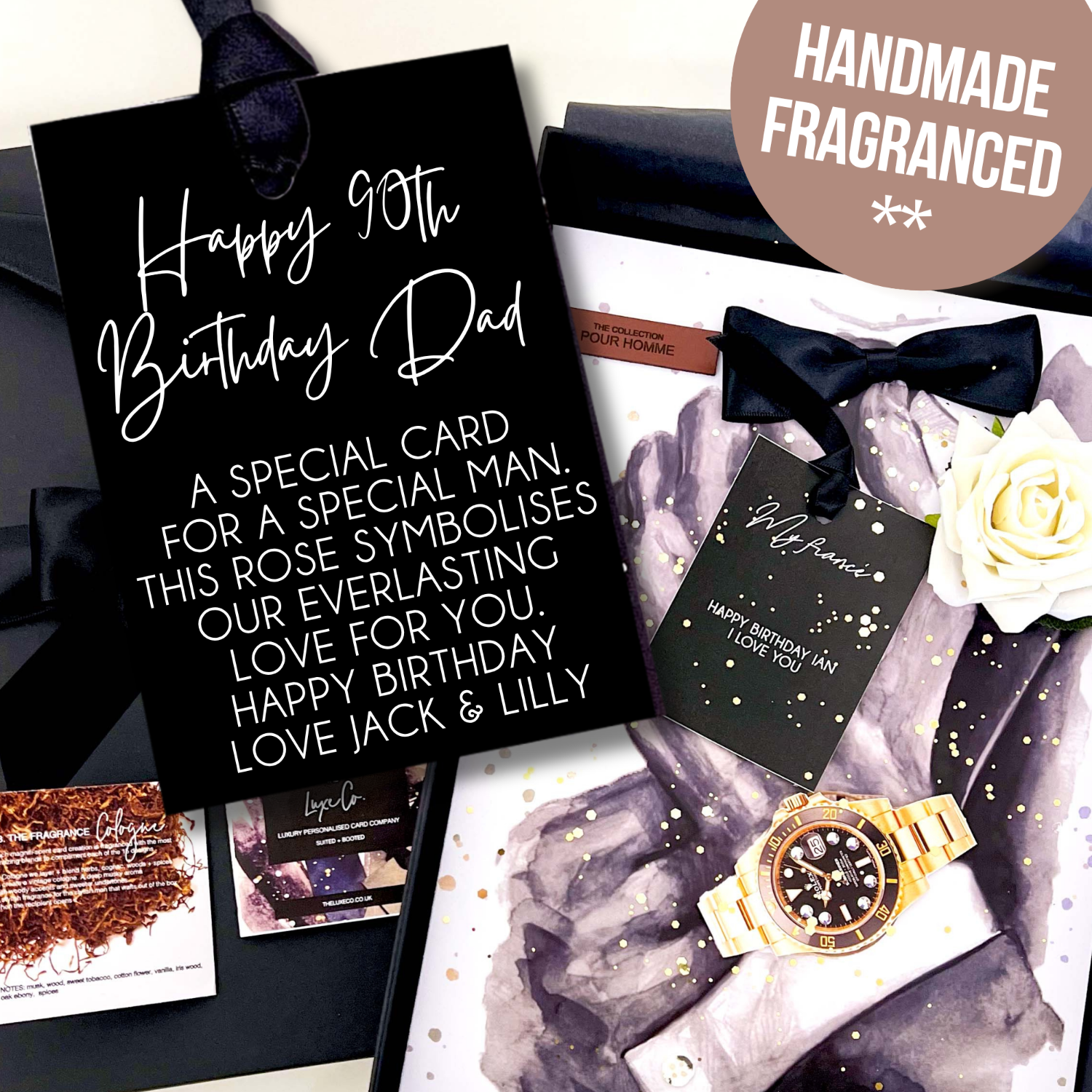 Gift set with card, watch, and rose for a 90th birthday, featuring 'Happy 90th Birthday Dad' text.