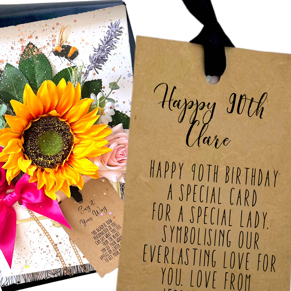 A personalised luxury 90th birthday card handmade with a large yellow sunflower, pink rose, lavender, and a bumblebee illustration.