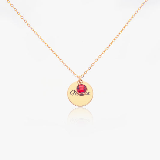 Gold Personalised July Birthstone necklace with a round pendant featuring a Ruby Gemsone (birthstone for July) and personalized engraved text on a white background