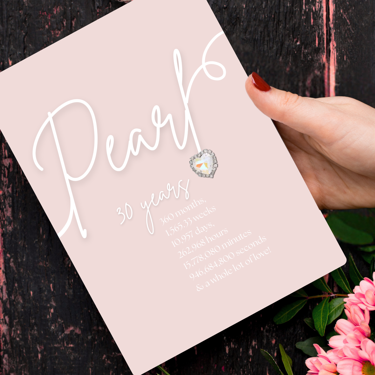 Handmade A5 Swirly Sparkly Diamante Pearl Heart Anniversary Card