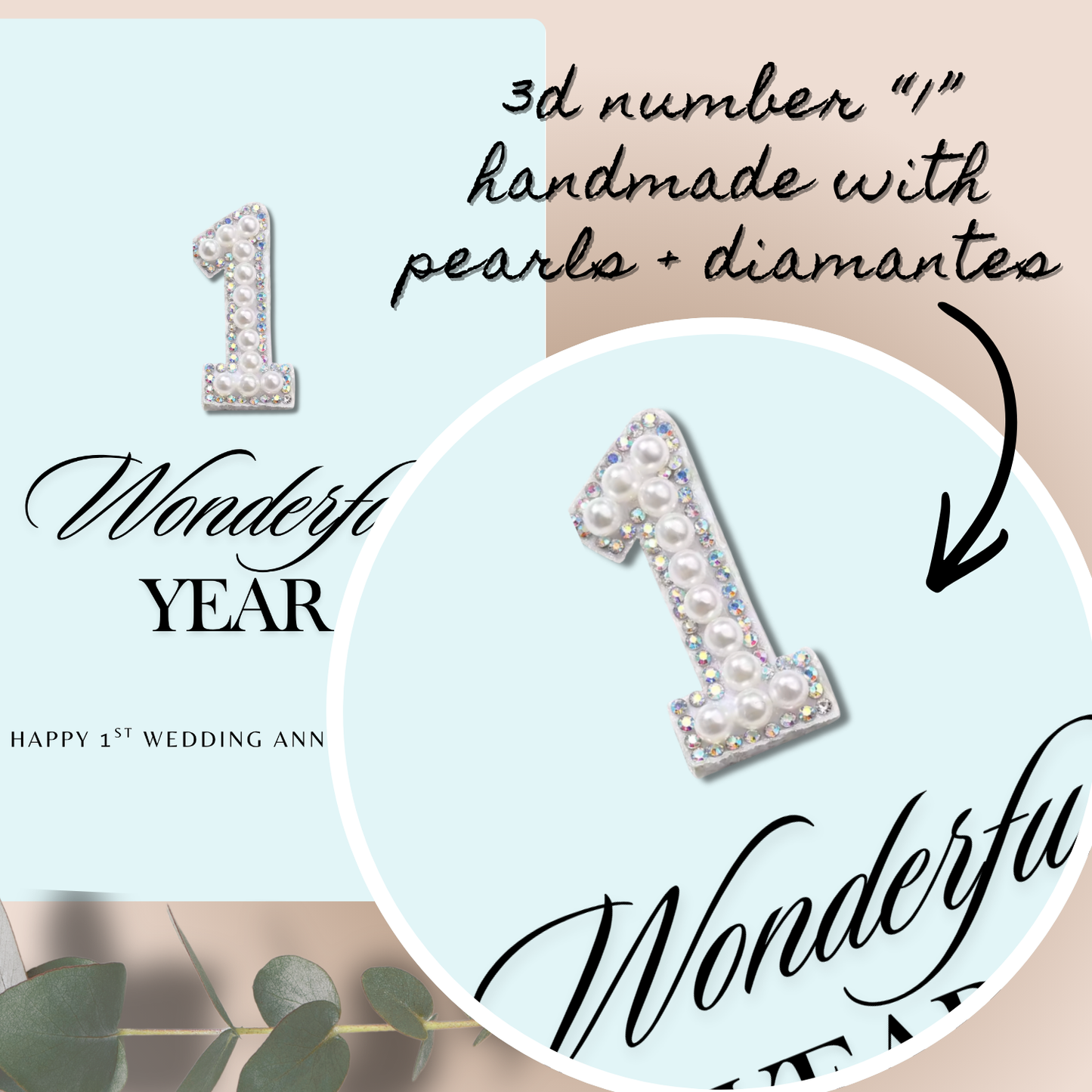 Handmade A5 Pearl & Diamante 1st Anniversary Card