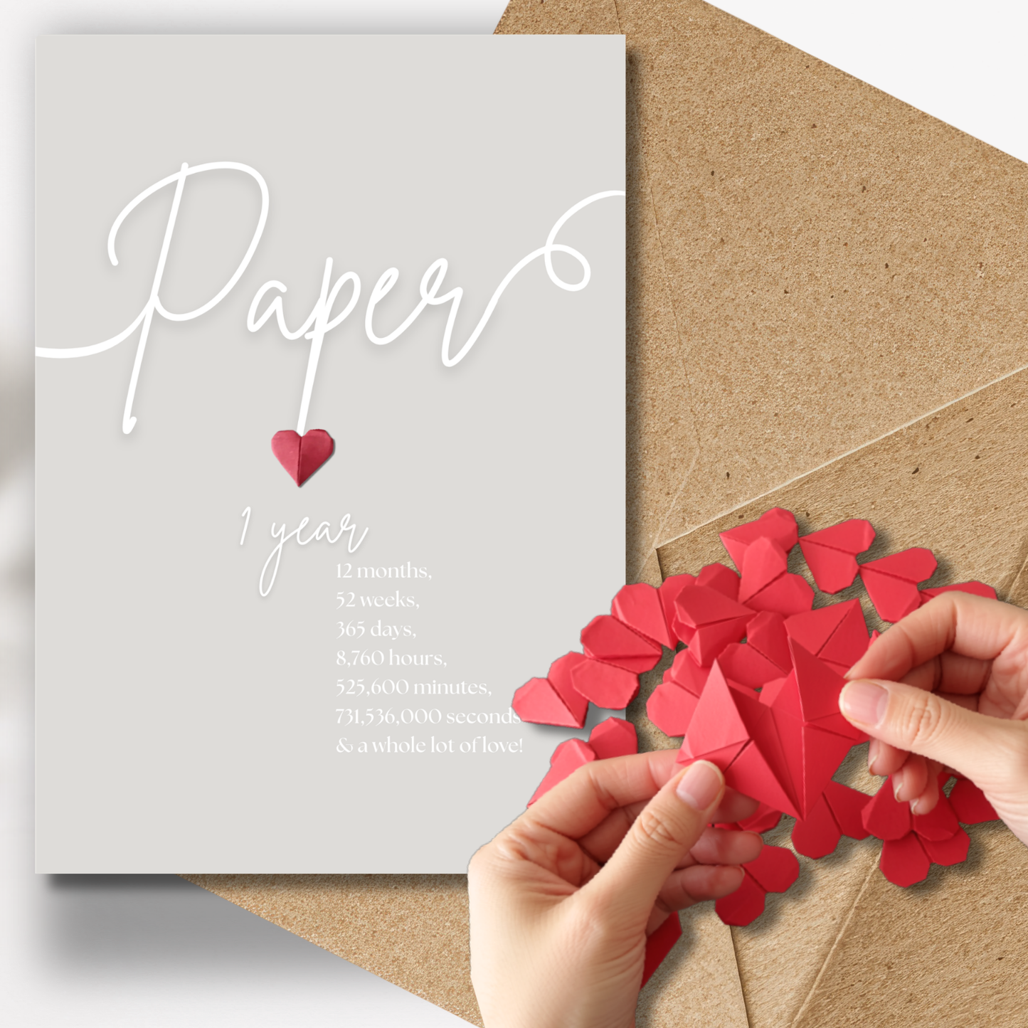 Handmade A5 Swirly Paper Origami Heart First Anniversary Card
