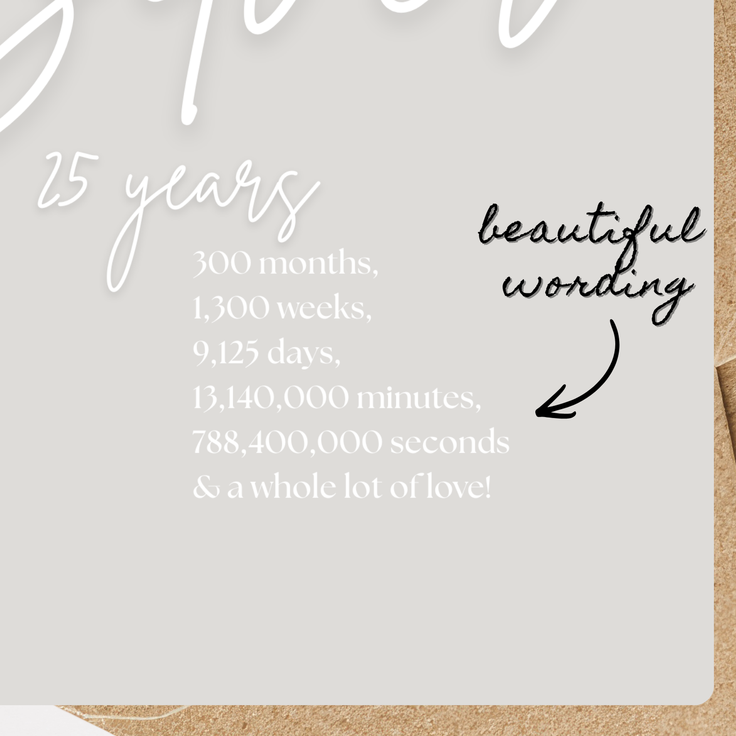 Handmade silver wedding anniversary A5 Card with text counting 25 years in months, weeks, days, minutes, seconds to celebrate the 25th anniversary in style