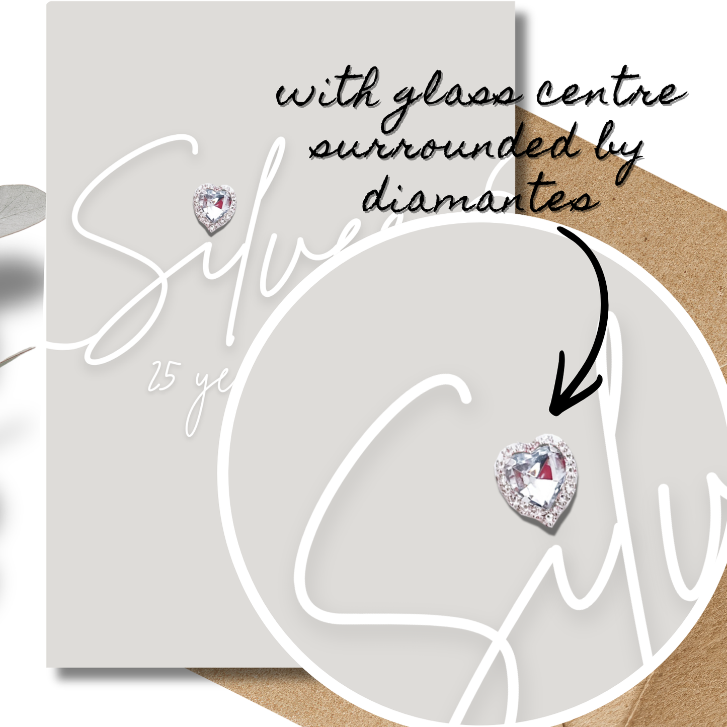 Heart-shaped silver glass heart anniversary cards surrounded by diamantes on a handmade silver anniversary card