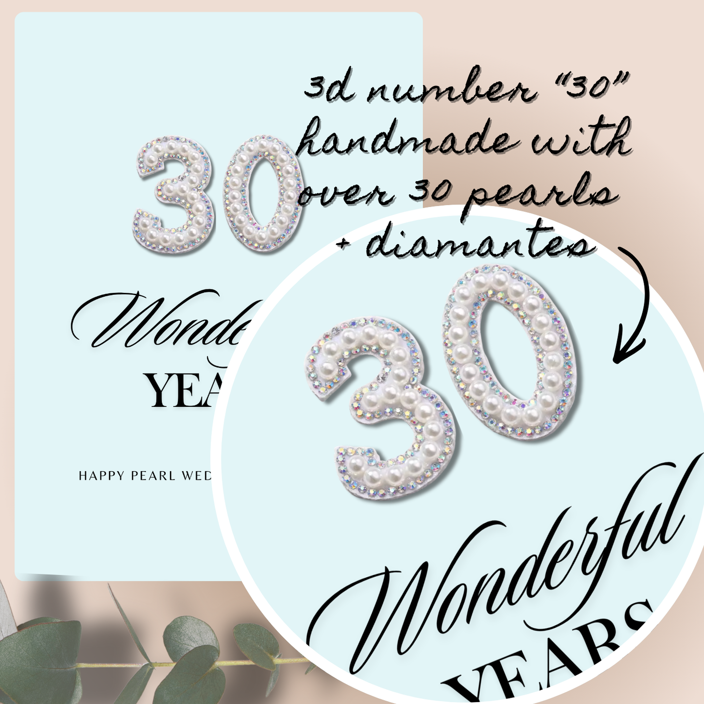 Handmade A5 Pearl & Diamante 30th Anniversary Card