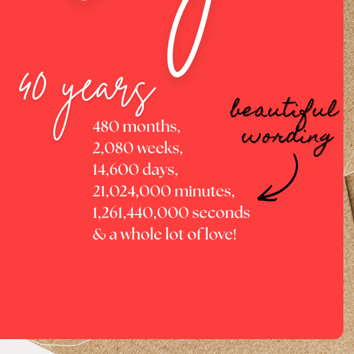 Beautiful sentimental wording on each Handmade A5 Swirly Sparkly Diamante Ruby Heart Anniversary Card