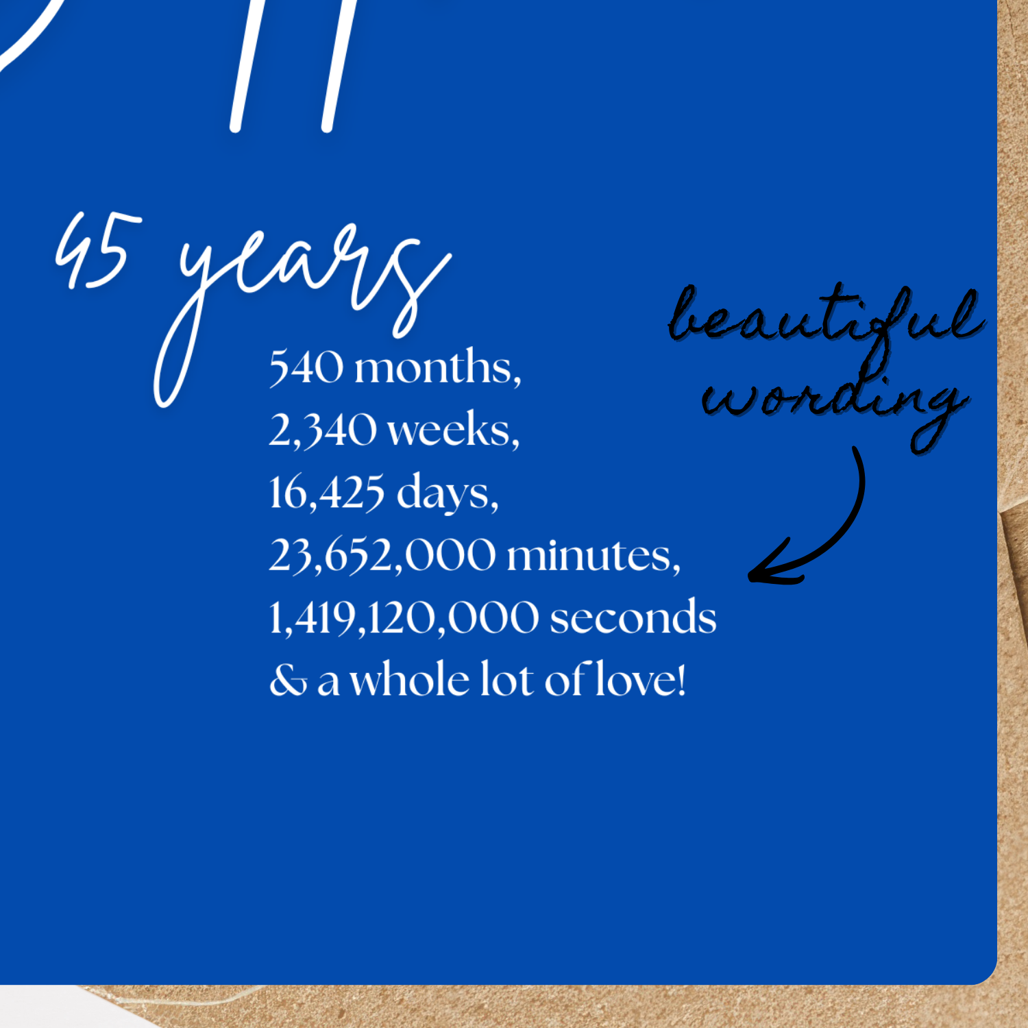 Handmade Sapphire Heart Anniversary Card with 45 years milestone text on a blue background