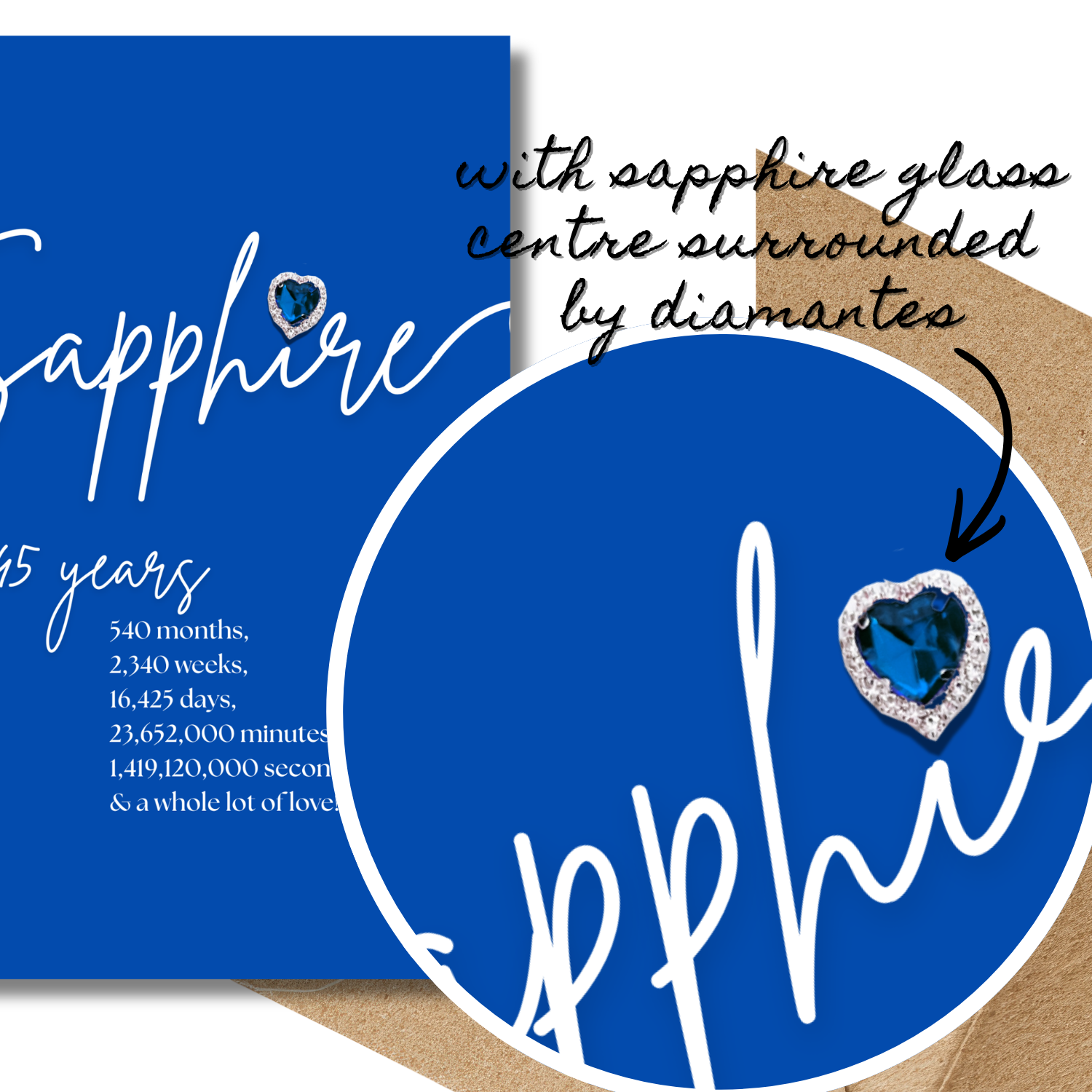 Sapphire anniversary card with sapphire gemstone and text.