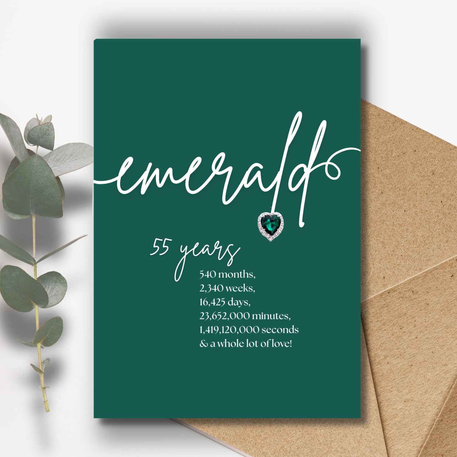 Handmade A5 Swirly Sparkly Diamante Emerald Heart Anniversary Card