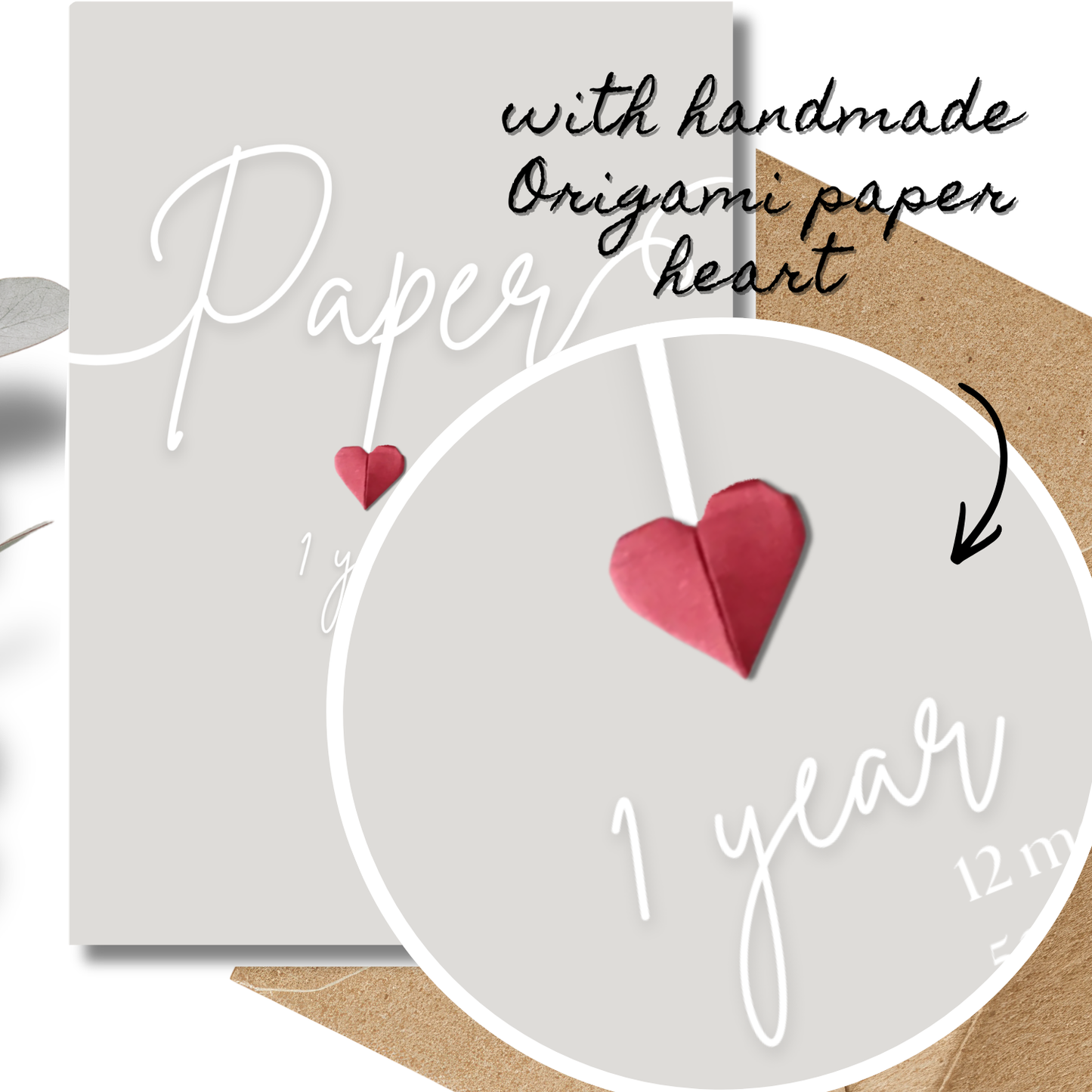 Handmade A5 Swirly Paper Origami Heart First Anniversary Card