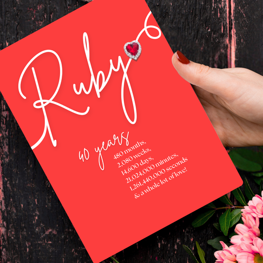 Red card with 'Ruby 40 years' Handmade A5 Swirly Sparkly Diamante Ruby Heart Anniversary Card