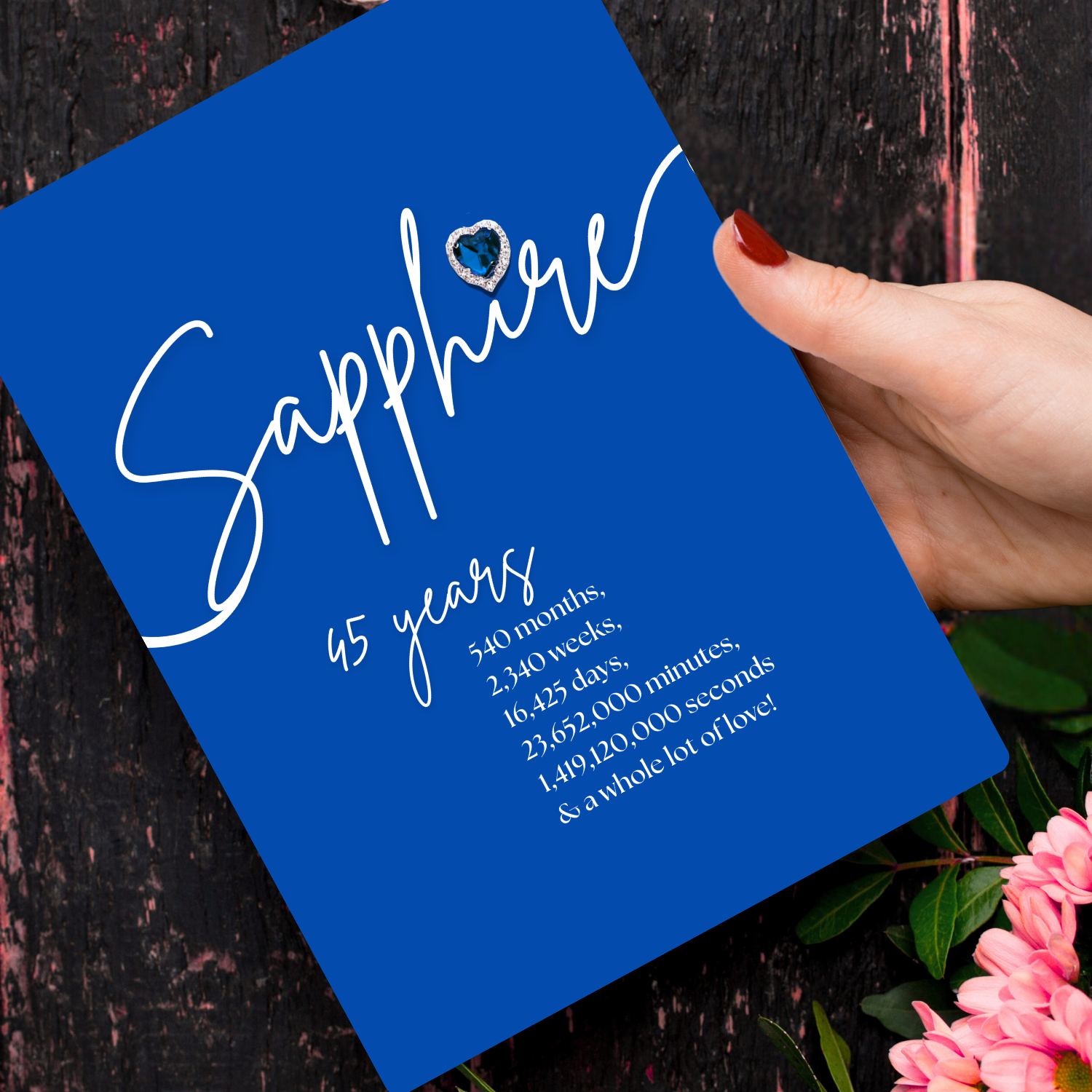 Handmade A5 Swirly Sparkly Diamante Sapphire Heart Anniversary Blue card with 'Sapphire 45 years' handmade