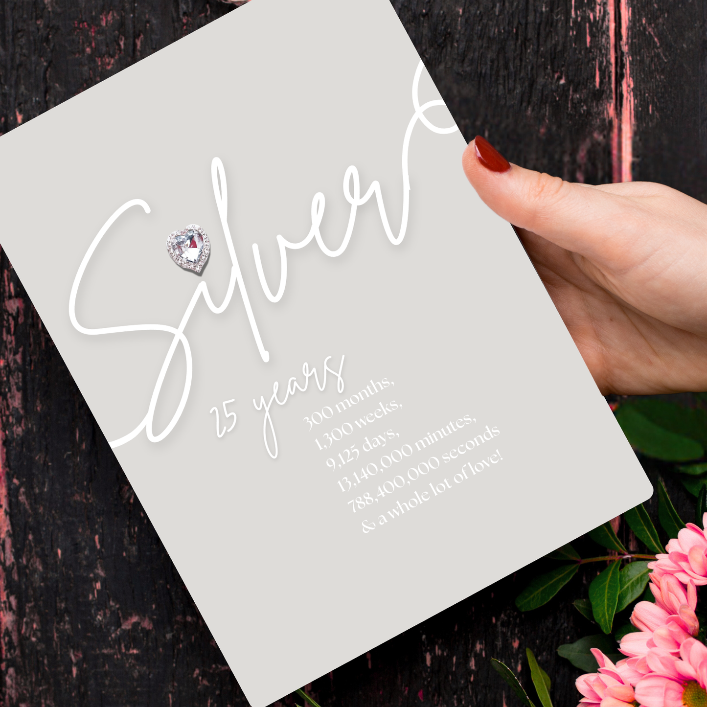 Handmade A5 Swirly Sparkly Diamante Silver Heart Anniversary Card 'Silver 25 years' text and decorative elements