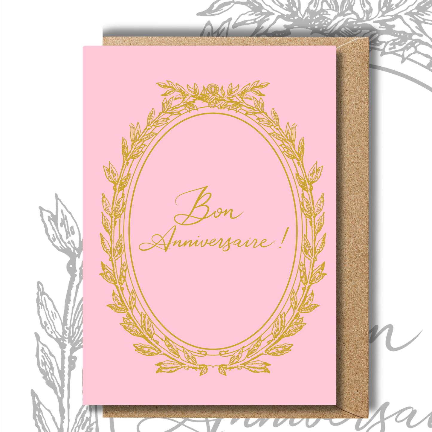 Bon Anniversaire Pink Birthday Card – Vintage French Style Pastel Gold Card