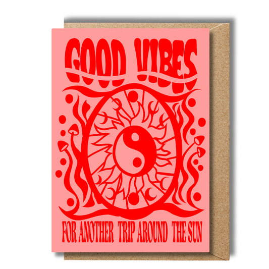 Good Vibes Psychedelic Yin Yang Birthday Card Blush and Red