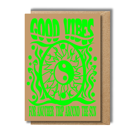 Good Vibes Psychedelic Yin Yang Birthday Card Sand and Green