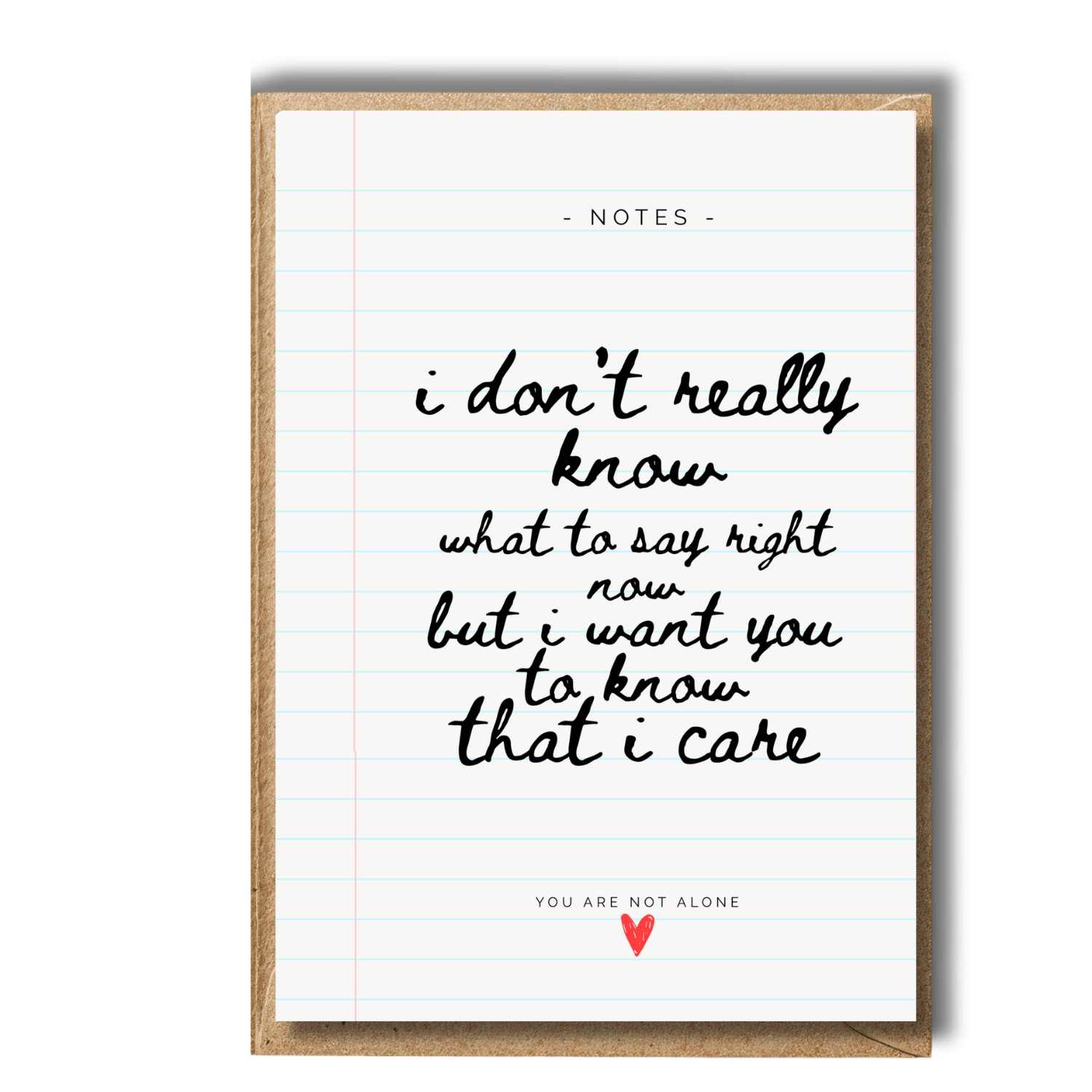 Thoughtful Card with handwritten-style text and a heart symbol on lined paper to let someone know that i am thinking of them and that i care. Ideal for sending as sympathy card, just because card, good luck card, get well soon card and because I care card. When you're finding it hard to find the words let this card say it for you.