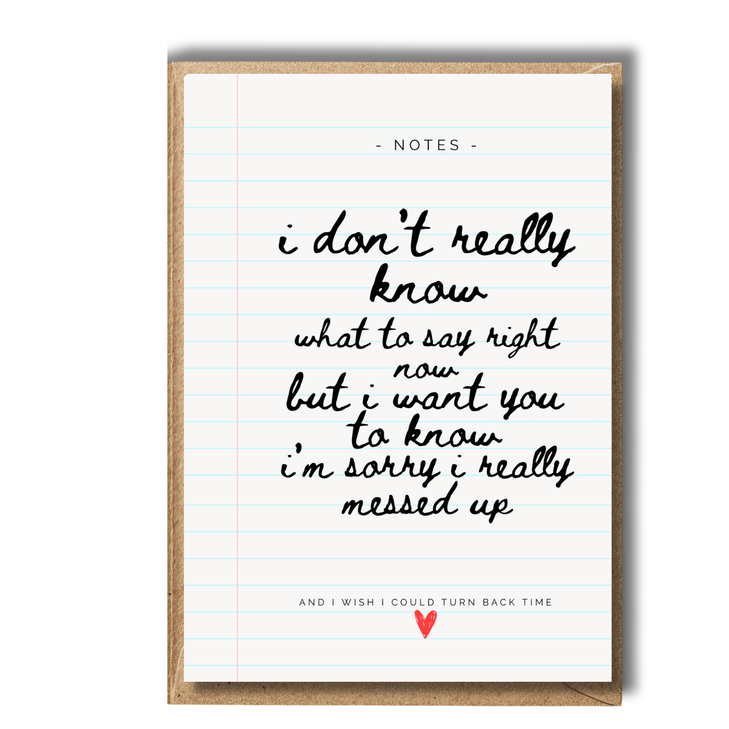 Thoughtful I'm Sorry Card in Notebook-style card with handwritten text and a heart symbol on a white background