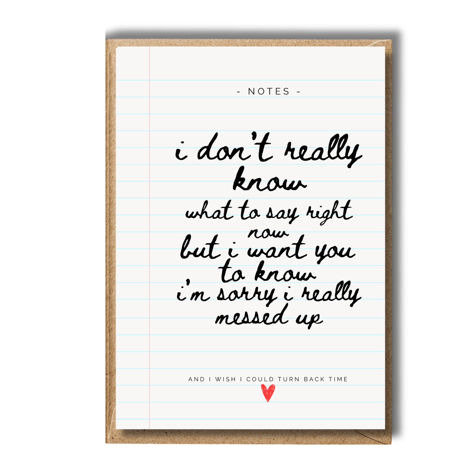 Thoughtful I'm Sorry Card in Notebook-style card with handwritten text and a heart symbol on a white background