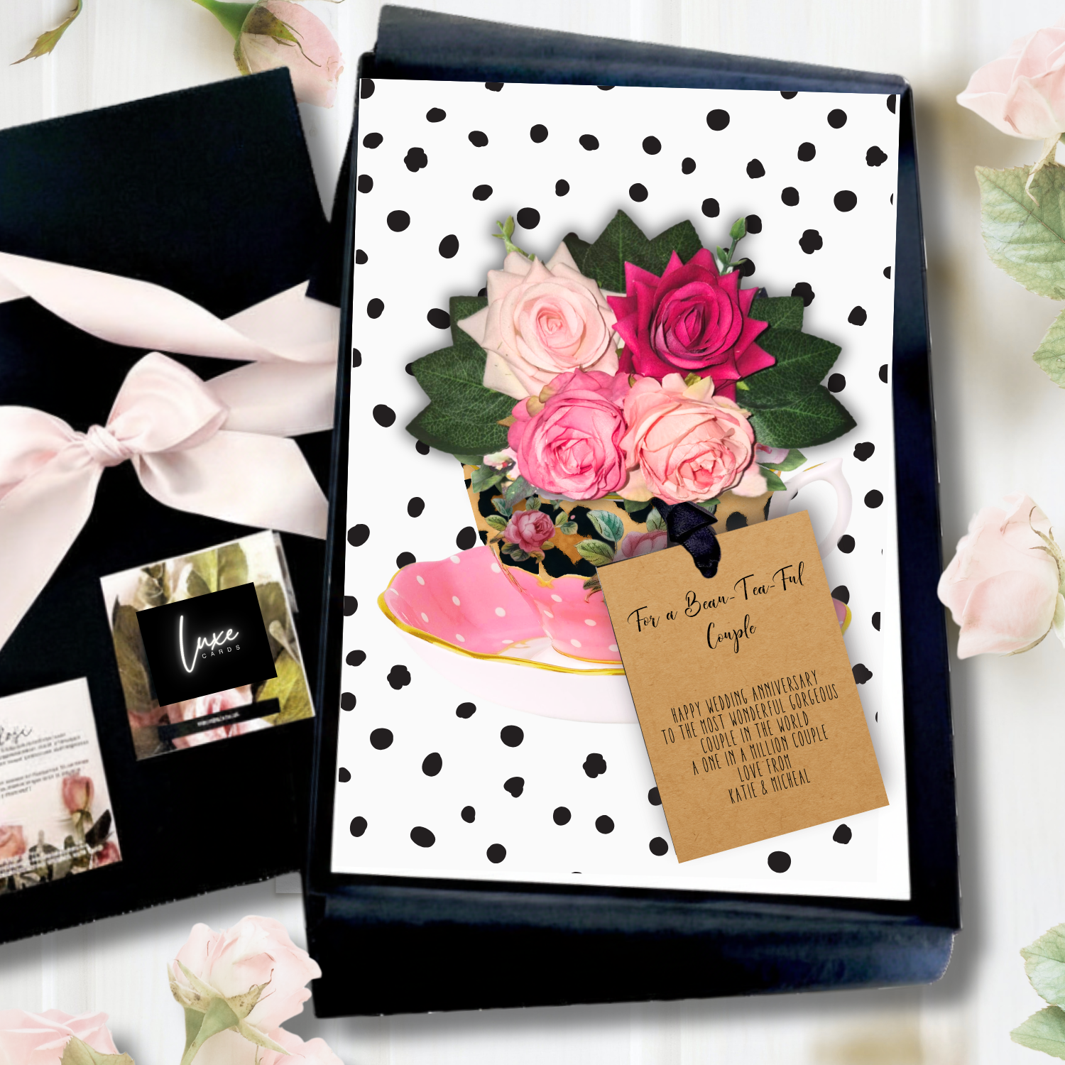 A Beau-Tea-Ful Couples Afternoon Tea Anniversary Gift card with floral design and polka dot border, surrounded by decorative elements.