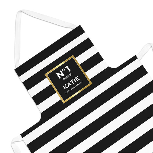 Personalised Black and white striped apron gift with a gold label reading 'No. 1 Sister KATIE' Happy 30th Birthday