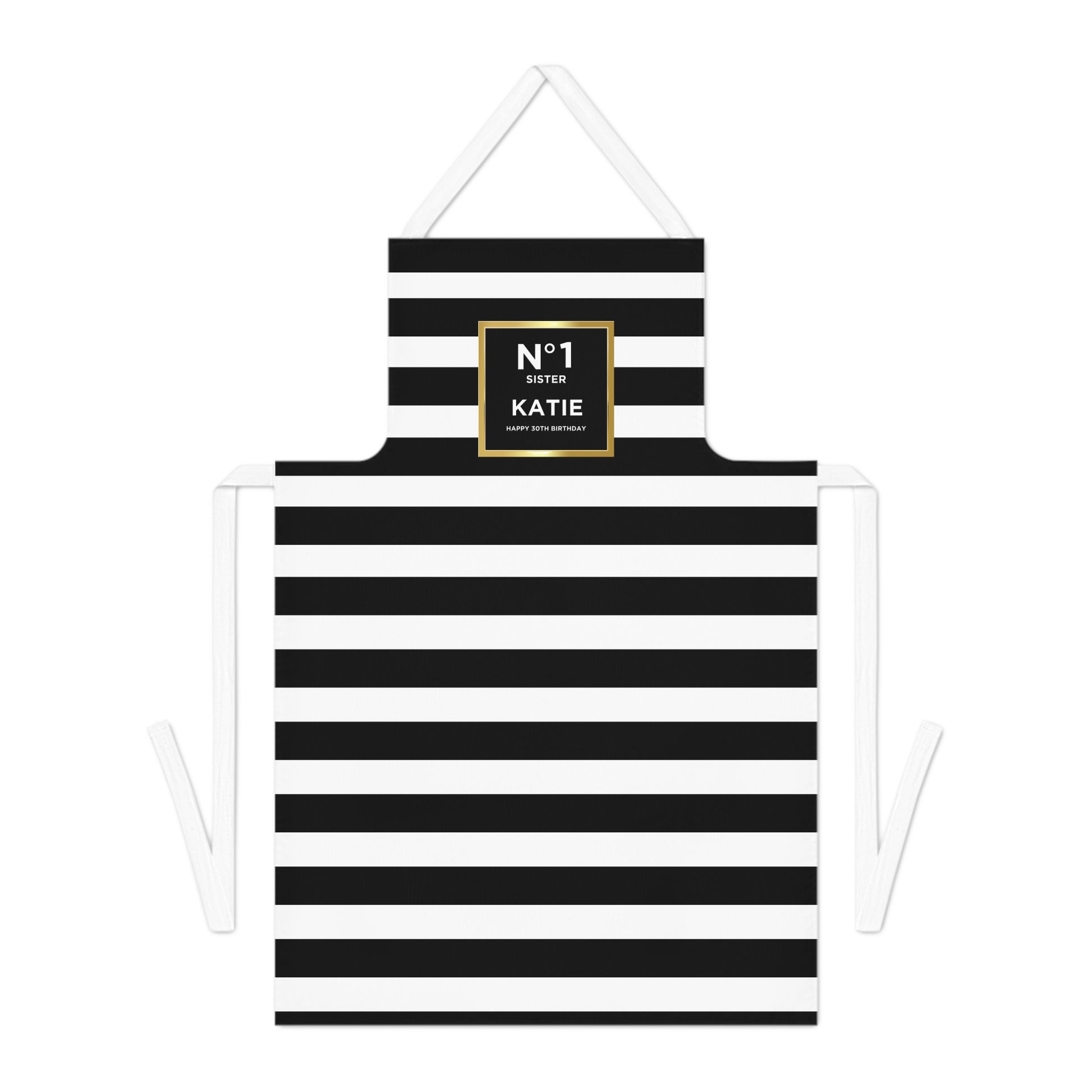 Panache Black & White Stripe Personalised Apron - A Black and white striped apron with a gold label on a white background
