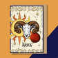 Card with Aries zodiac sign illustration on a yellow background