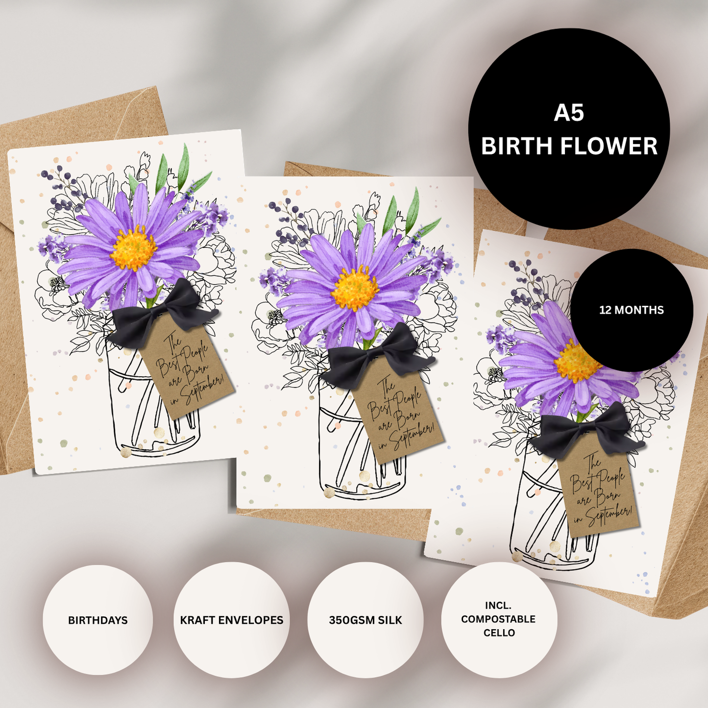 Aster September Birth Flower Scented A5 Birthday Card