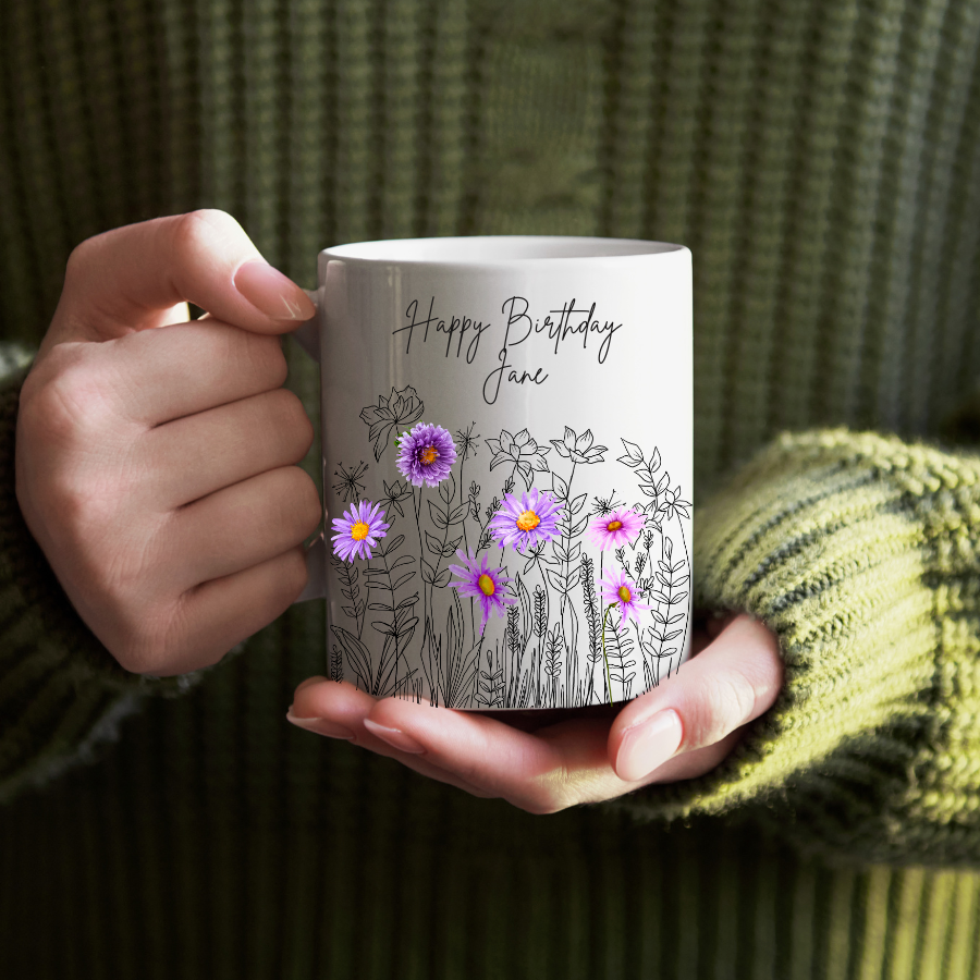 Personalised September Birth Flower Mug – Aster Design | Custom Ceramic Gift