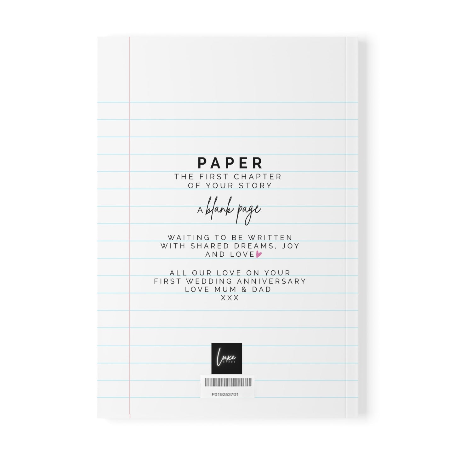 Back of Personalised First Anniversary Paper Wedding Anniversary A5 Softcover Notebook Gift
