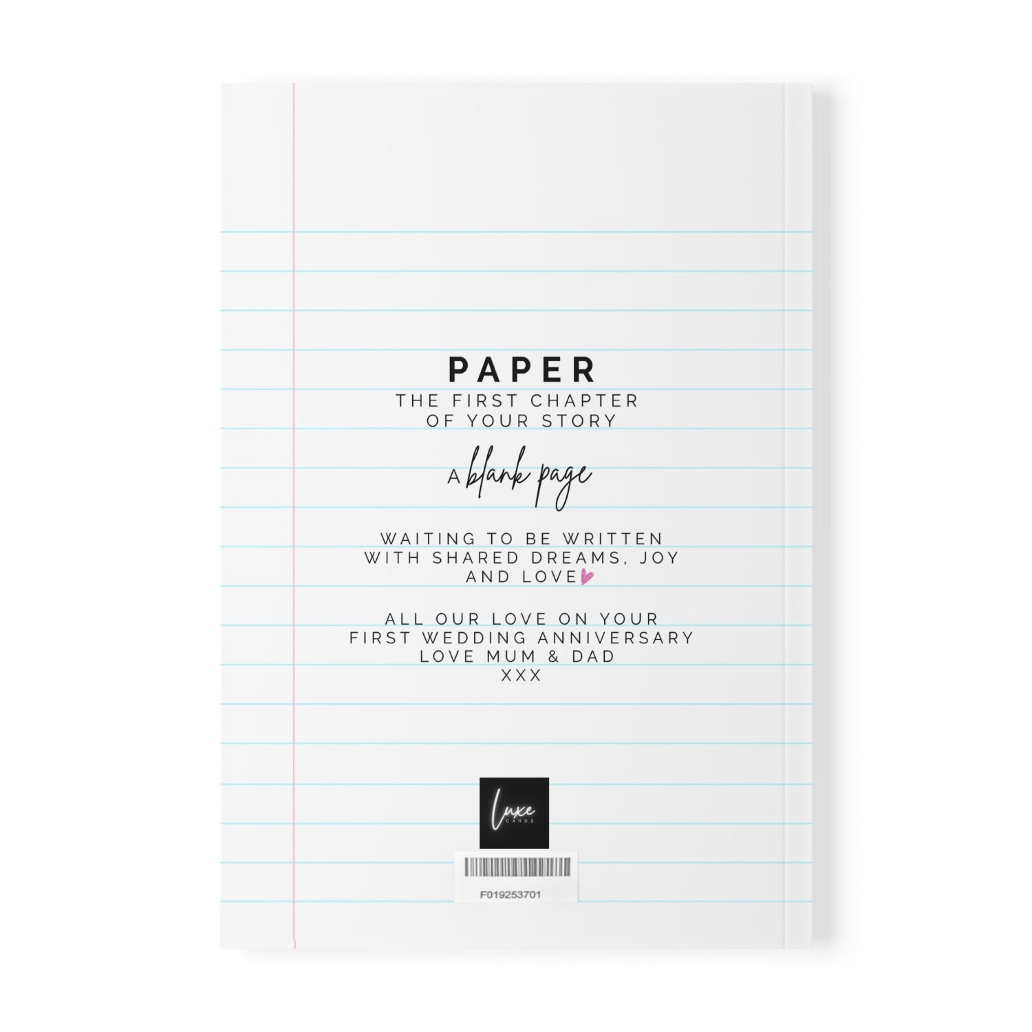 Back of Personalised First Anniversary Paper Wedding Anniversary A5 Softcover Notebook Gift