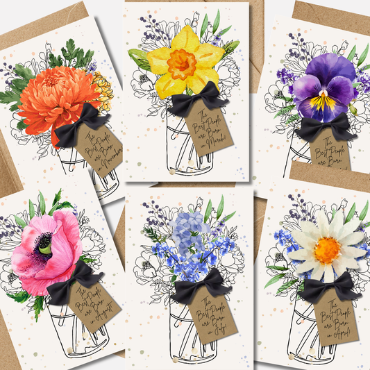 Pack of 12 Months Birth Flower Scented A5 Birthday Cards (1 for each month)