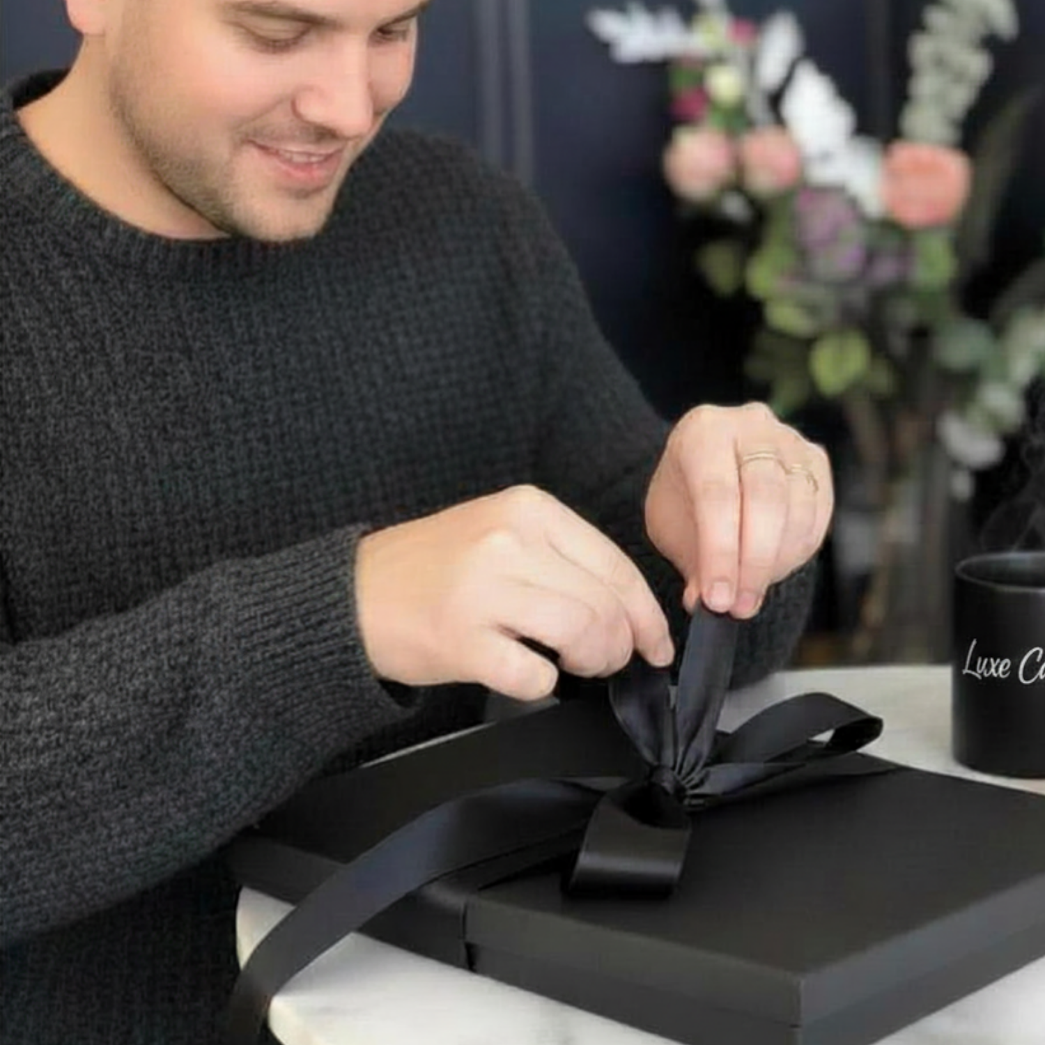 Luxury Handmade Cards For Him by Luxe Cards come in black gift box tied with satin bow